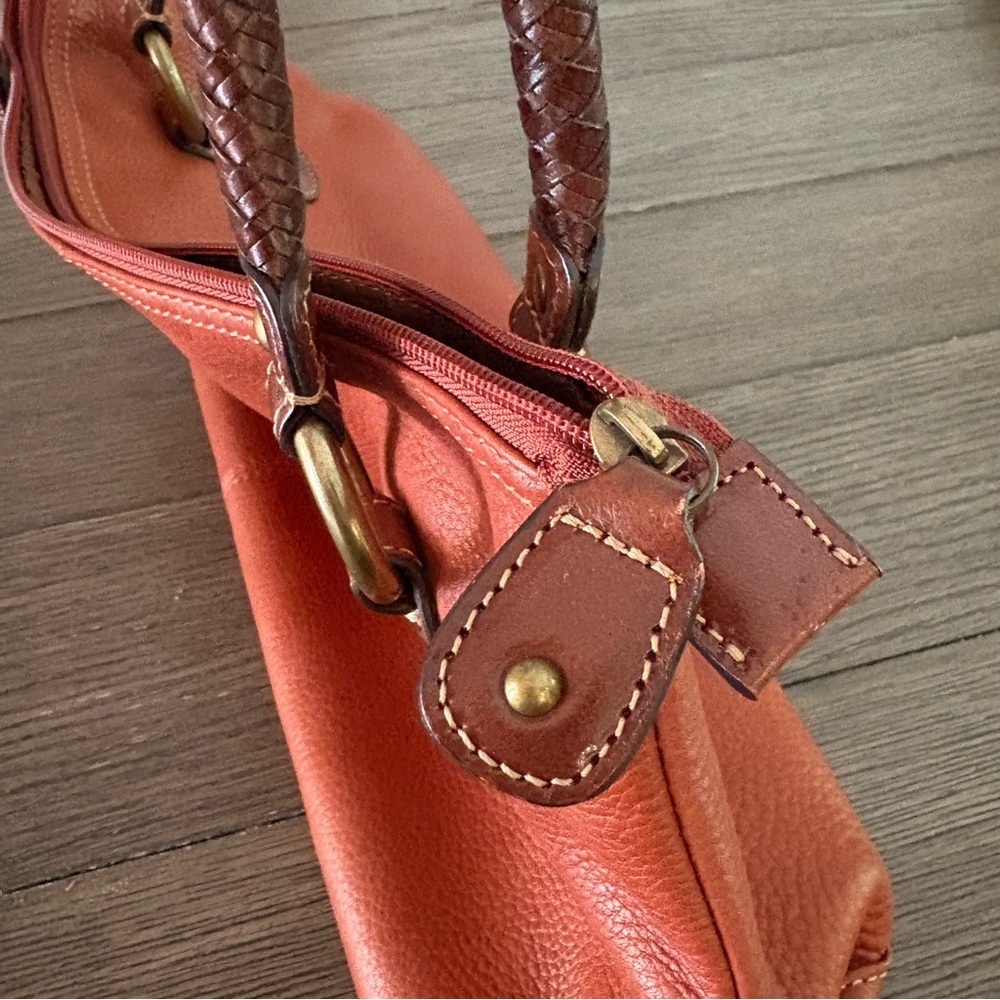 Fossil Orange Brown Genuine Leather Hobo Shoulder Handbag Purse Braided Strap - Picture 7 of 12